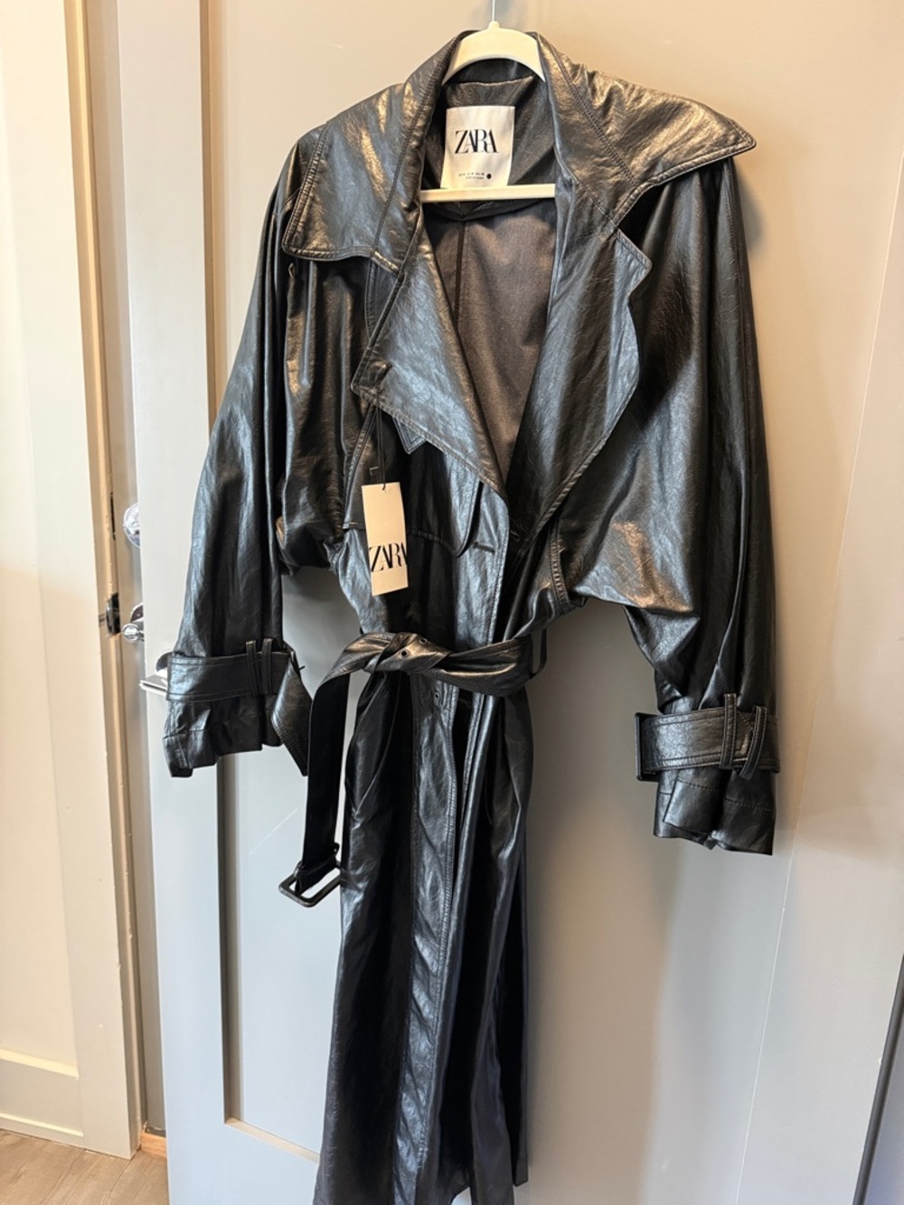 ZARA Black Faux Leather Trench Coat with Belt - Picture 2 of 3